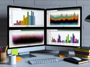 Moderner Arbeitsplatz mit drei Monitoren. Links Excel-Balkendiagramm, mittig und rechts bunte Seaborn-Diagramme. Auf dem Tisch liegen Kaffeebecher, Notizzettel und Programmierbücher.