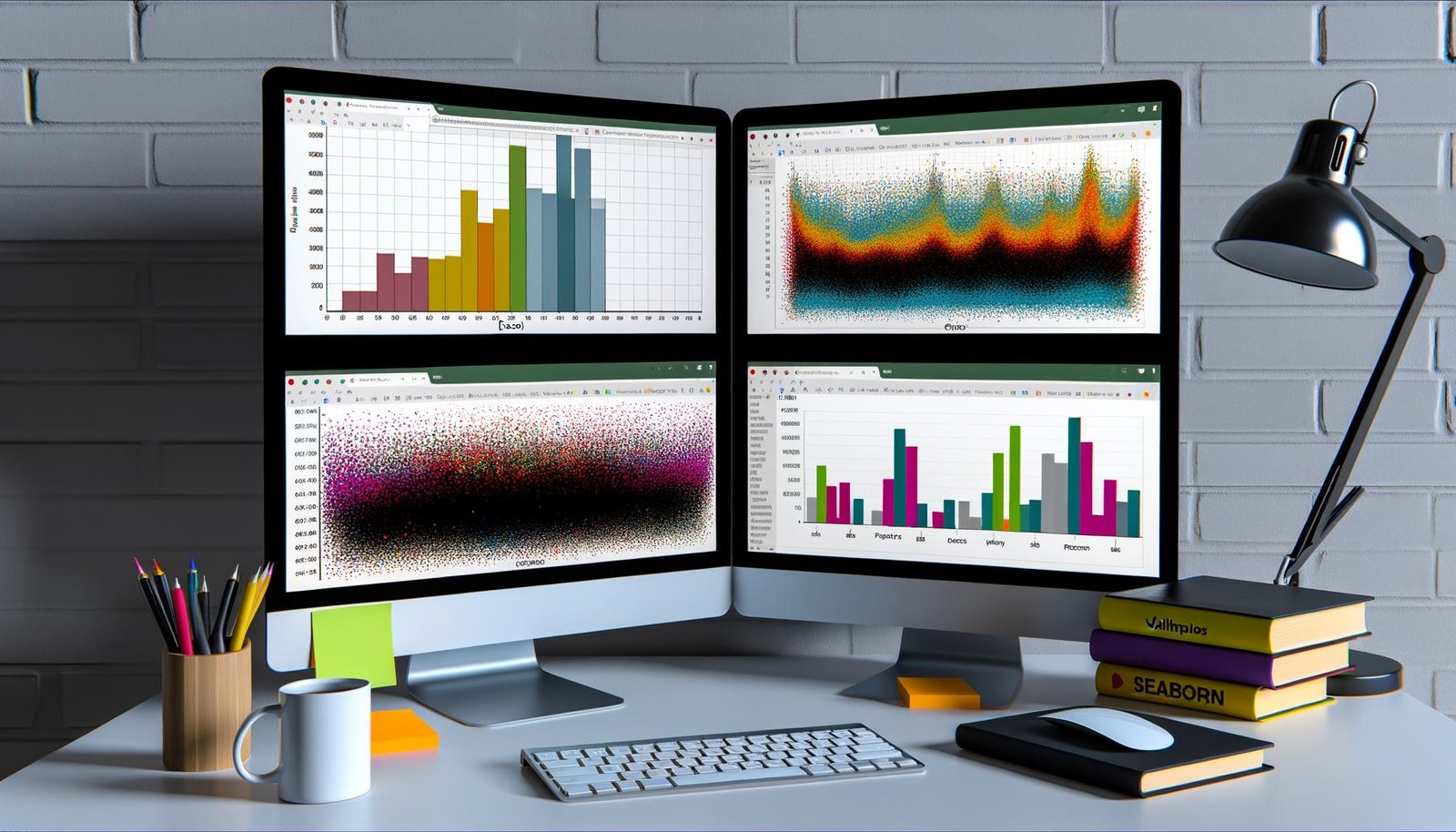 Moderner Arbeitsplatz mit drei Monitoren. Links Excel-Balkendiagramm, mittig und rechts bunte Seaborn-Diagramme. Auf dem Tisch liegen Kaffeebecher, Notizzettel und Programmierbücher.