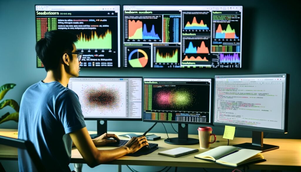 Moderner Datenwissenschaftler analysiert Daten mit Seaborn-Visualisierungen und Python in einer klaren, technischen Arbeitsumgebung.
