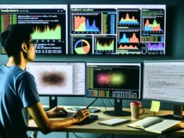 Moderner Datenwissenschaftler analysiert Daten mit Seaborn-Visualisierungen und Python in einer klaren, technischen Arbeitsumgebung.