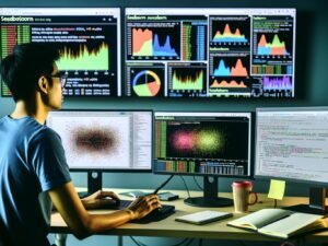 Moderner Datenwissenschaftler analysiert Daten mit Seaborn-Visualisierungen und Python in einer klaren, technischen Arbeitsumgebung.