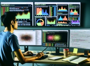 Moderner Datenwissenschaftler analysiert Daten mit Seaborn-Visualisierungen und Python in einer klaren, technischen Arbeitsumgebung.