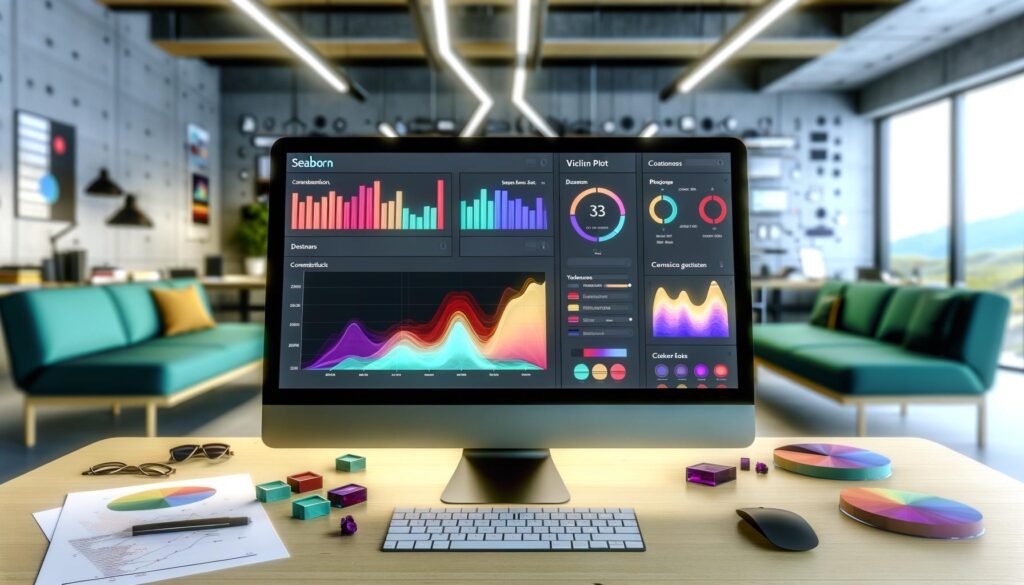 Moderner Data-Science-Arbeitsplatz mit Computerbildschirm, auf dem ein Dashboard mit farbigen Seaborn-Diagrammen wie Balkendiagramm, Violinplot und Heatmap zu sehen ist, umgeben von Notizen und Python-Code.