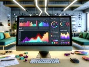 Moderner Data-Science-Arbeitsplatz mit Computerbildschirm, auf dem ein Dashboard mit farbigen Seaborn-Diagrammen wie Balkendiagramm, Violinplot und Heatmap zu sehen ist, umgeben von Notizen und Python-Code.