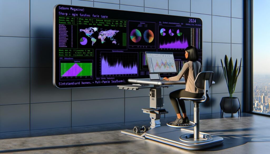 Data Scientist an einem futuristischen Arbeitsplatz erstellt farbenfrohe, individuell gestaltete Seaborn-Diagramme auf einem großen Monitor; daneben sind altmodische Excel-Charts im Hintergrund erkennbar.