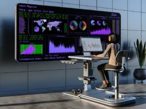 Data Scientist an einem futuristischen Arbeitsplatz erstellt farbenfrohe, individuell gestaltete Seaborn-Diagramme auf einem großen Monitor; daneben sind altmodische Excel-Charts im Hintergrund erkennbar.