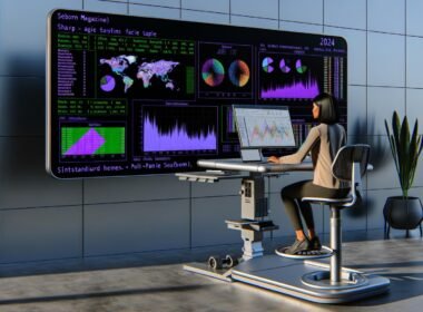 Data Scientist an einem futuristischen Arbeitsplatz erstellt farbenfrohe, individuell gestaltete Seaborn-Diagramme auf einem großen Monitor; daneben sind altmodische Excel-Charts im Hintergrund erkennbar.