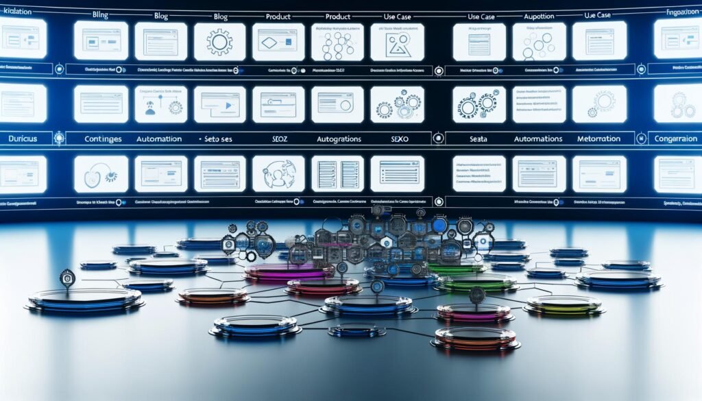 Futuristisches Webflow Dashboard mit strukturierten, farbigen Content-Collections, Datenfluss-Visualisierung, API-Integrationen und SEO-Feldern im modernen Interface.