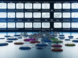 Futuristisches Webflow Dashboard mit strukturierten, farbigen Content-Collections, Datenfluss-Visualisierung, API-Integrationen und SEO-Feldern im modernen Interface.