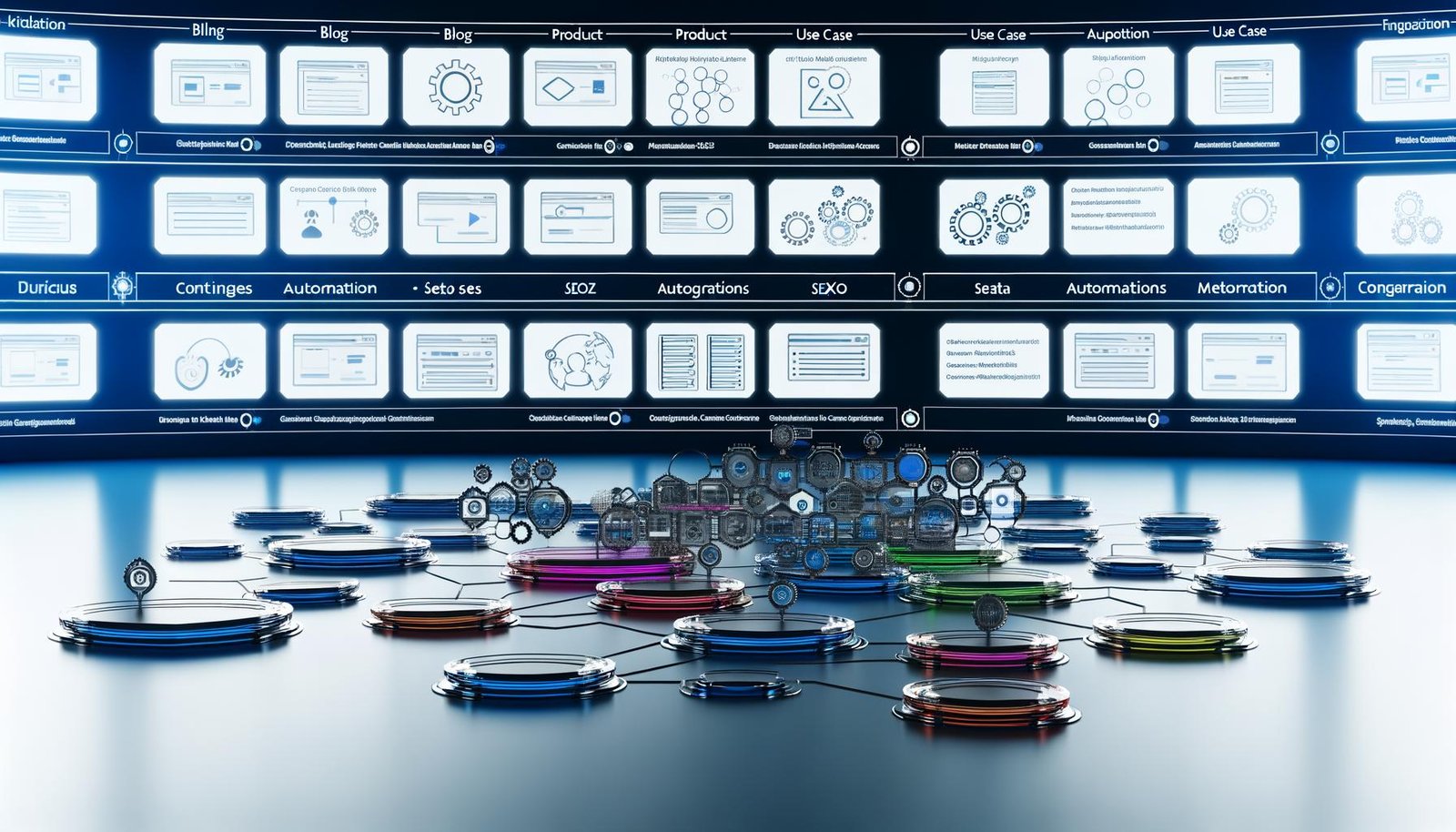 Futuristisches Webflow Dashboard mit strukturierten, farbigen Content-Collections, Datenfluss-Visualisierung, API-Integrationen und SEO-Feldern im modernen Interface.
