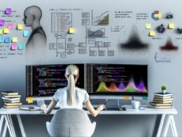 Python-Entwickler an modernem Schreibtisch mit zwei Monitoren voller Seaborn-Diagramme, Data-Science-Büchern, Notizblöcken und Whiteboard mit Flowcharts im Hintergrund.