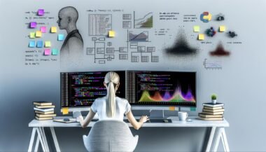 Python-Entwickler an modernem Schreibtisch mit zwei Monitoren voller Seaborn-Diagramme, Data-Science-Büchern, Notizblöcken und Whiteboard mit Flowcharts im Hintergrund.