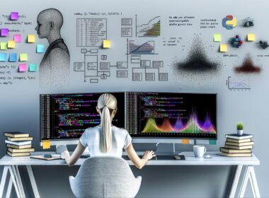 Python-Entwickler an modernem Schreibtisch mit zwei Monitoren voller Seaborn-Diagramme, Data-Science-Büchern, Notizblöcken und Whiteboard mit Flowcharts im Hintergrund.