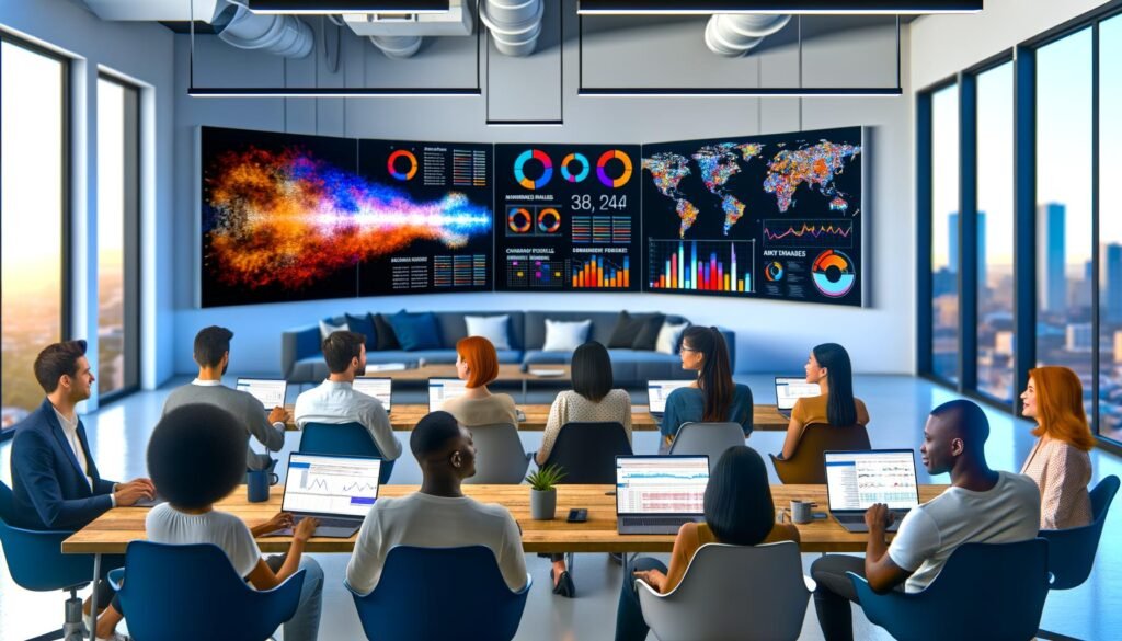 Diverse Marketingprofis in kreativem Büro analysieren komplexe Seaborn-Diagramme und Heatmaps an Laptops, mit Whiteboards voller Datenpipelines und Python-Snippets im Hintergrund.