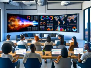 Diverse Marketingprofis in kreativem Büro analysieren komplexe Seaborn-Diagramme und Heatmaps an Laptops, mit Whiteboards voller Datenpipelines und Python-Snippets im Hintergrund.