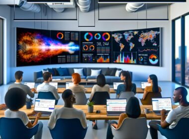 Diverse Marketingprofis in kreativem Büro analysieren komplexe Seaborn-Diagramme und Heatmaps an Laptops, mit Whiteboards voller Datenpipelines und Python-Snippets im Hintergrund.