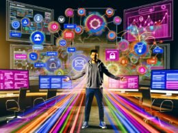 Illustration einer hochmodernen Marketing-Kommandozentrale mit transparenten Monitoren, komplexen Datenflüssen und einem Marketer, der digitale und analoge Kanäle orchestriert.