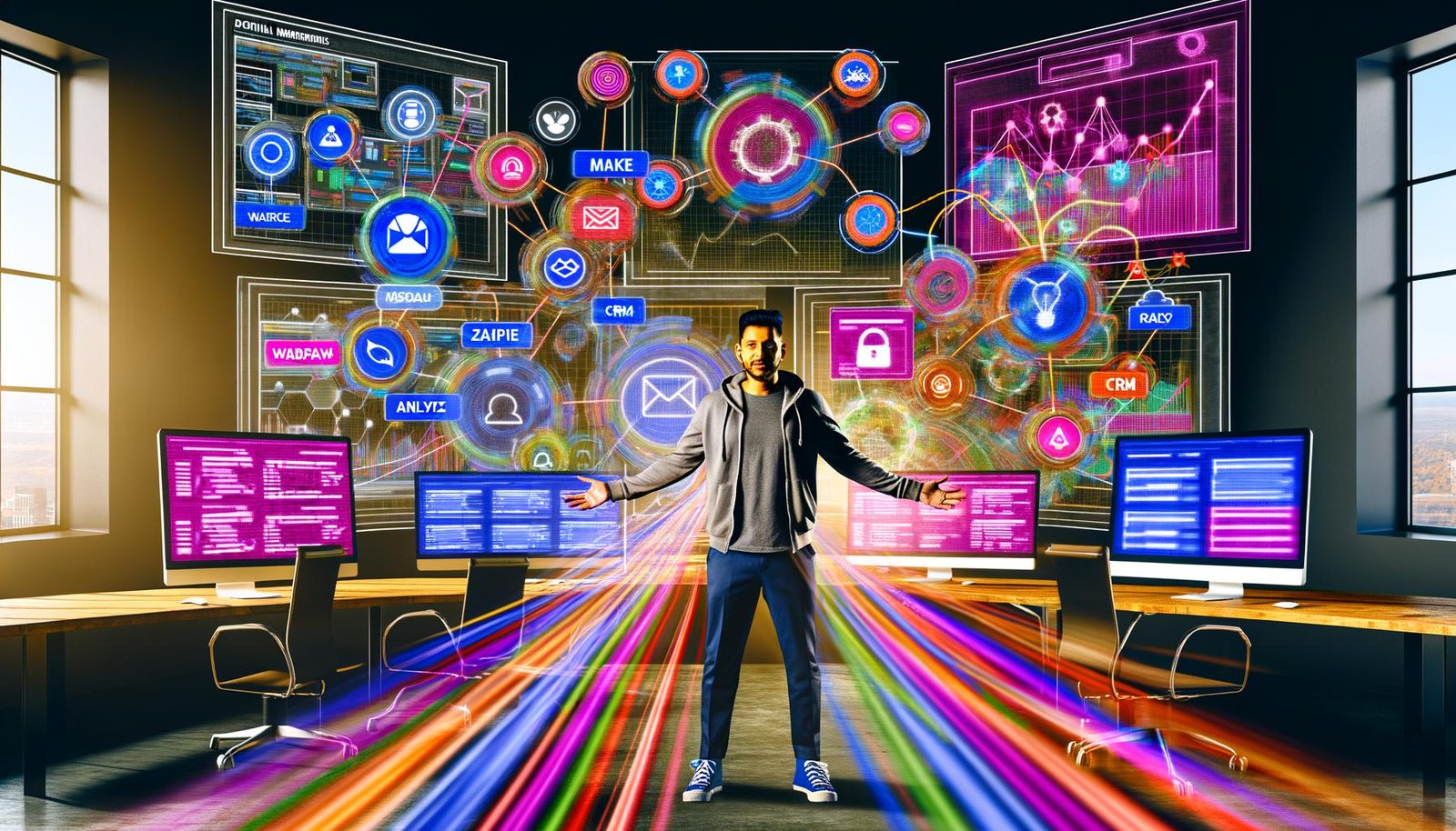 Illustration einer hochmodernen Marketing-Kommandozentrale mit transparenten Monitoren, komplexen Datenflüssen und einem Marketer, der digitale und analoge Kanäle orchestriert.