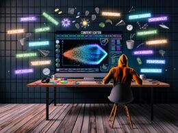 Dynamisch inszenierter Arbeitsplatz eines modernen Content-Editors mit offenem Data-Driven-Content-Editor, Monitor mit Leistungsdaten, Notizblättern und technischen Geräten, im Fokus ein analytischer Hoodie-Träger.