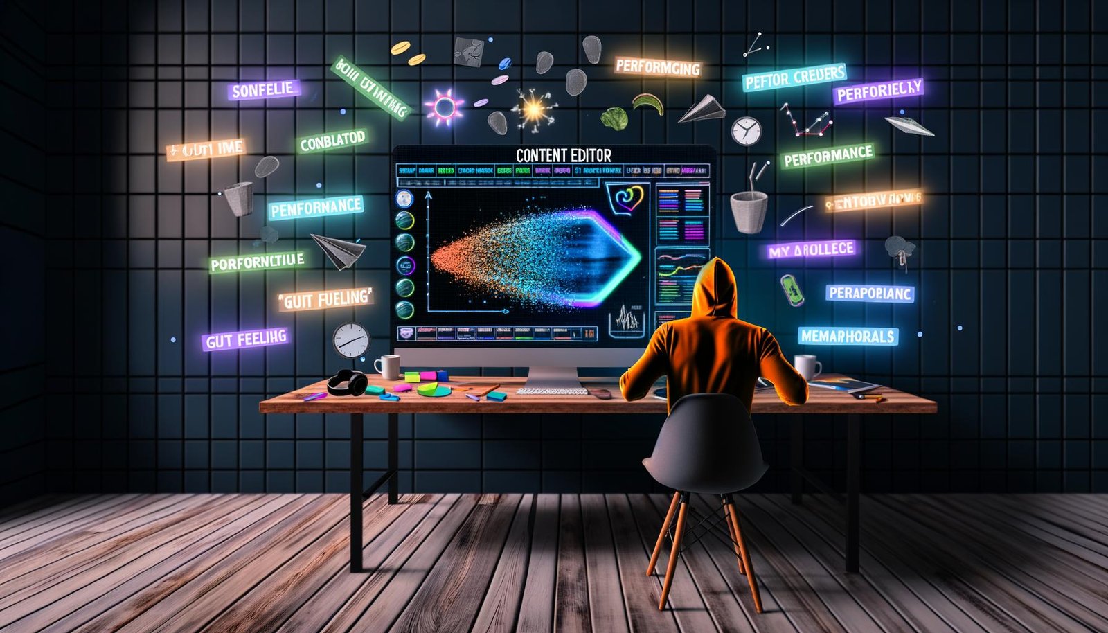 Dynamisch inszenierter Arbeitsplatz eines modernen Content-Editors mit offenem Data-Driven-Content-Editor, Monitor mit Leistungsdaten, Notizblättern und technischen Geräten, im Fokus ein analytischer Hoodie-Träger.