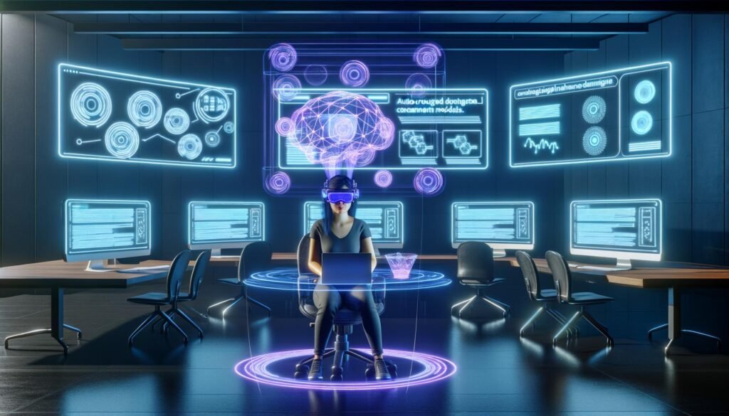 Marketer mit VR-Brille und Neurointerface-Headset in einem futuristischen Büro überträgt Gedankenströme als Daten in einen schwebenden Webflow-Baukasten mit KI-generierten Inhalten.