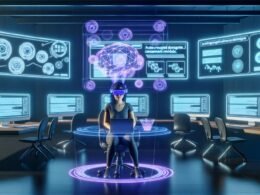 Marketer mit VR-Brille und Neurointerface-Headset in einem futuristischen Büro überträgt Gedankenströme als Daten in einen schwebenden Webflow-Baukasten mit KI-generierten Inhalten.