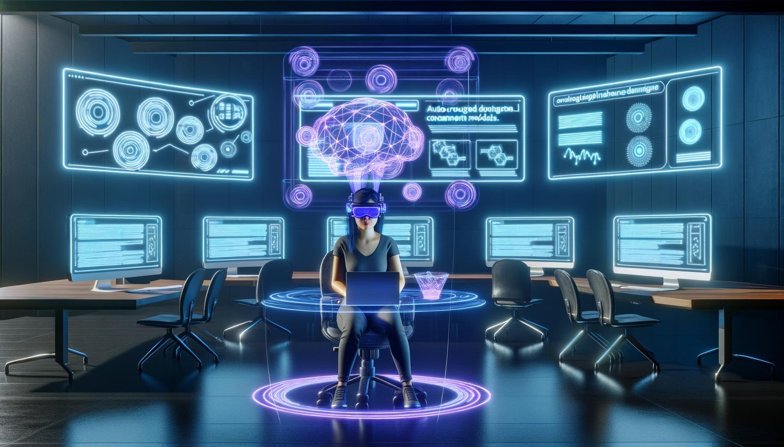 Marketer mit VR-Brille und Neurointerface-Headset in einem futuristischen Büro überträgt Gedankenströme als Daten in einen schwebenden Webflow-Baukasten mit KI-generierten Inhalten.