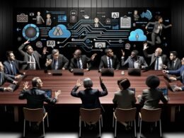 Politikerinnen und Politiker verschiedener Generationen diskutieren intensiv an einem langen dunklen Holztisch, mit Laptops, Tablets und Aktenmappen; im Hintergrund treffen digitale Symbole auf politische Klassiker.