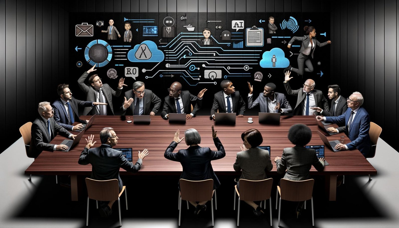 Politikerinnen und Politiker verschiedener Generationen diskutieren intensiv an einem langen dunklen Holztisch, mit Laptops, Tablets und Aktenmappen; im Hintergrund treffen digitale Symbole auf politische Klassiker.