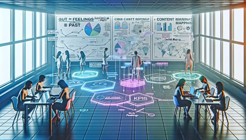 Futuristisches Büro 2025: Content-Marketing-Expert*innen arbeiten an einem transparenten Digital-Tisch, umgeben von Daten-Dashboards und kreativen Elementen.