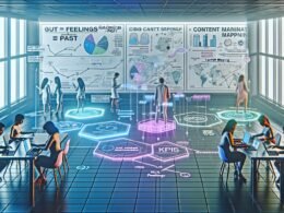 Futuristisches Büro 2025: Content-Marketing-Expert*innen arbeiten an einem transparenten Digital-Tisch, umgeben von Daten-Dashboards und kreativen Elementen.