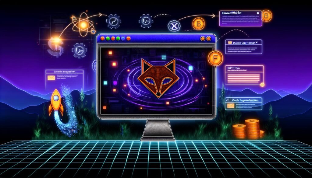 Digitale Szene mit Webflow-Newsletter-Formular, Wallet-Connect-Button, NFT-Elementen, DSGVO-Checklisten und modernen Marketing-Symbolen als futuristischer Workflow.