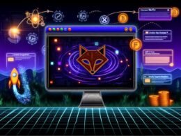 Digitale Szene mit Webflow-Newsletter-Formular, Wallet-Connect-Button, NFT-Elementen, DSGVO-Checklisten und modernen Marketing-Symbolen als futuristischer Workflow.