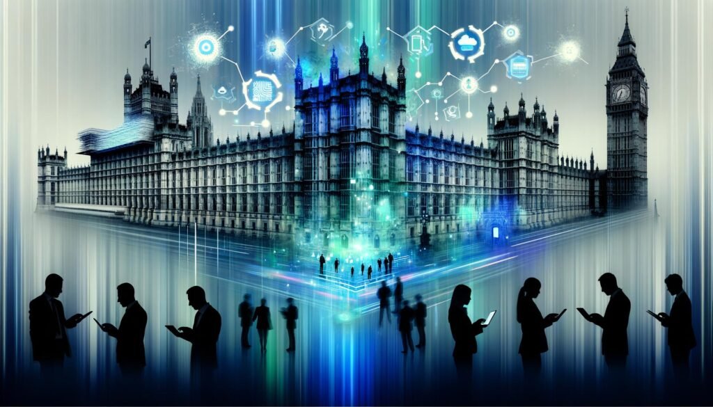 Abstraktes Regierungsgebäude, das sich in digitale Elemente, Datenströme und Tech-Symbole auflöst, mit modernen Politiker*innen im Technologie-Diskurs im Vordergrund.