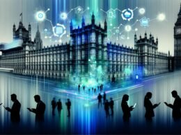 Abstraktes Regierungsgebäude, das sich in digitale Elemente, Datenströme und Tech-Symbole auflöst, mit modernen Politiker*innen im Technologie-Diskurs im Vordergrund.