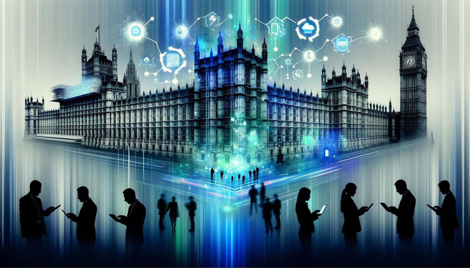 Abstraktes Regierungsgebäude, das sich in digitale Elemente, Datenströme und Tech-Symbole auflöst, mit modernen Politiker*innen im Technologie-Diskurs im Vordergrund.