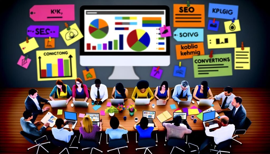 Digitaler Arbeitsplatz mit großem Bildschirm voller Analyse-Dashboards, umgeben von kreativen Mitarbeitenden und bunten Notizzetteln