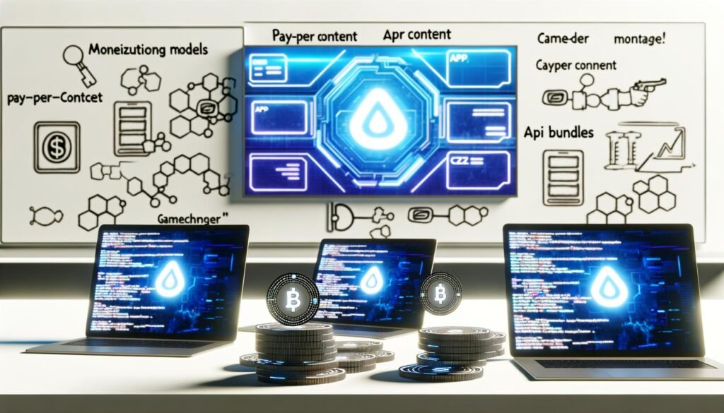 Futuristischer Workspace mit offenen Laptops, Webflow-UI, Code-Snippets, API-Diagrammen, Logos von Stripe und PayPal sowie digitalen Tokens vor einem Whiteboard mit Monetarisierungsmodellen.