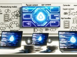 Futuristischer Workspace mit offenen Laptops, Webflow-UI, Code-Snippets, API-Diagrammen, Logos von Stripe und PayPal sowie digitalen Tokens vor einem Whiteboard mit Monetarisierungsmodellen.