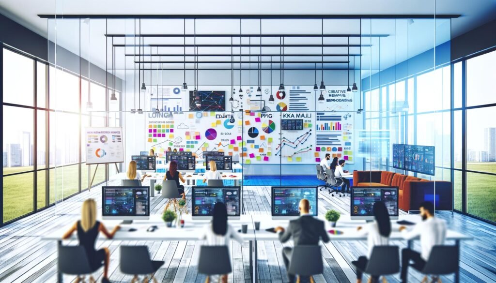 Digital-Marketing-Team arbeitet konzentriert in modernem Büro mit großen Monitoren, Daten-Dashboards, bunten Post-Its auf dem Whiteboard und kreativen Notizen an gläsernen Wänden.