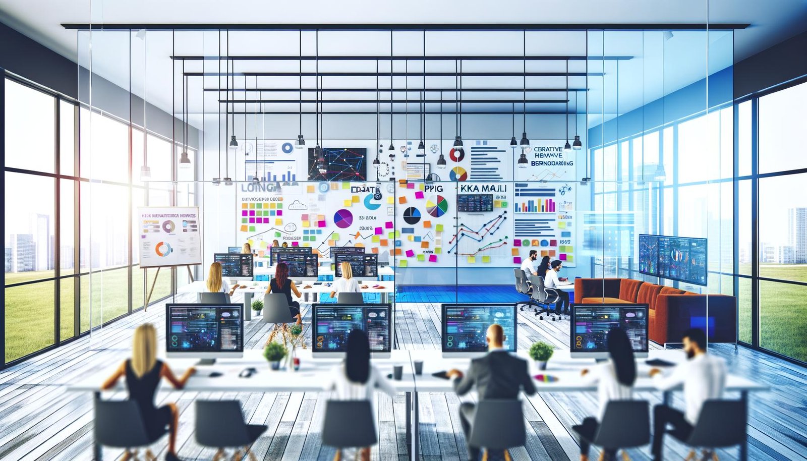 Digital-Marketing-Team arbeitet konzentriert in modernem Büro mit großen Monitoren, Daten-Dashboards, bunten Post-Its auf dem Whiteboard und kreativen Notizen an gläsernen Wänden.