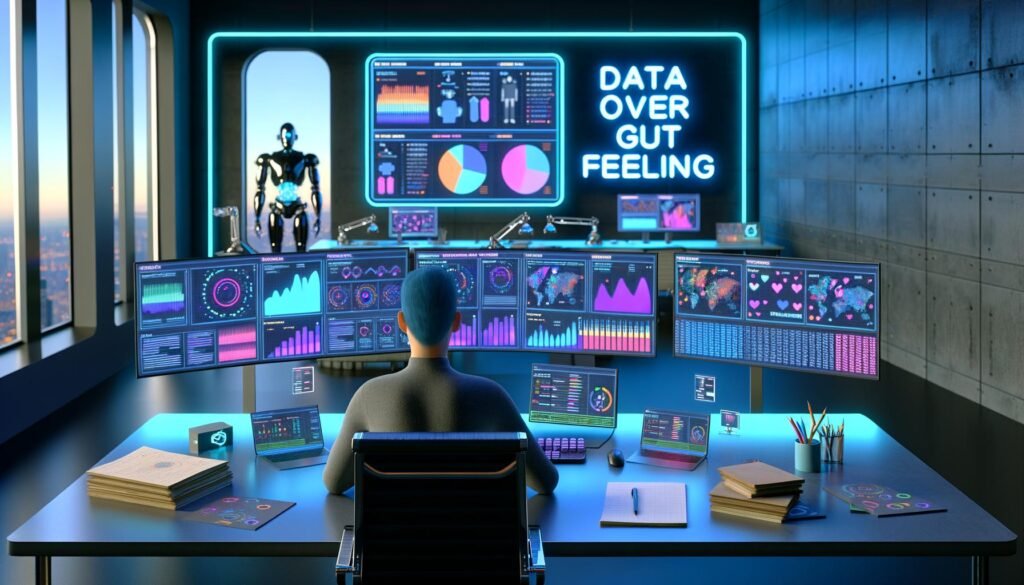 Futuristische Arbeitsplatzszene mit Dashboards, KI-Analyse-Tools, Roboterarmen und dem leuchtenden Schriftzug ‚Data Over Gut Feeling‘ in einem modernen Büro.