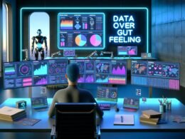 Futuristische Arbeitsplatzszene mit Dashboards, KI-Analyse-Tools, Roboterarmen und dem leuchtenden Schriftzug ‚Data Over Gut Feeling‘ in einem modernen Büro.