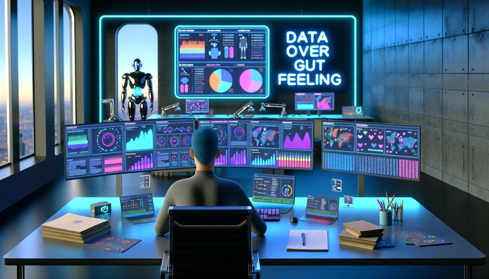 Futuristische Arbeitsplatzszene mit Dashboards, KI-Analyse-Tools, Roboterarmen und dem leuchtenden Schriftzug ‚Data Over Gut Feeling‘ in einem modernen Büro.