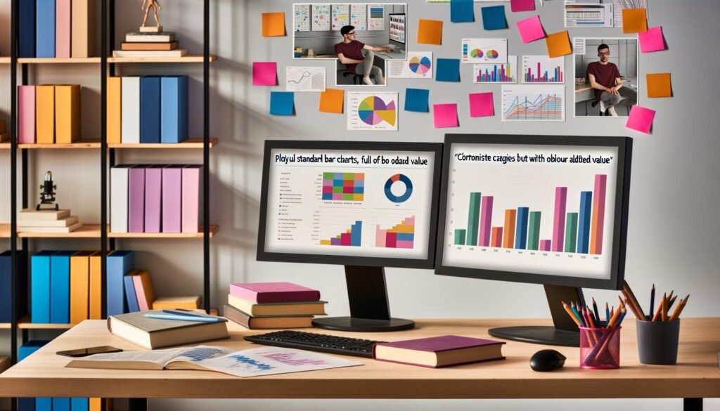 Junger, urbaner Data-Analyst an zwei Monitoren – links bunte Standarddiagramme, rechts technisches Dashboard in minimalistischem, modernen Büro mit Data-Science-Büchern und Post-its.