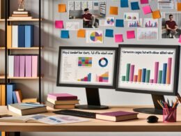 Junger, urbaner Data-Analyst an zwei Monitoren – links bunte Standarddiagramme, rechts technisches Dashboard in minimalistischem, modernen Büro mit Data-Science-Büchern und Post-its.