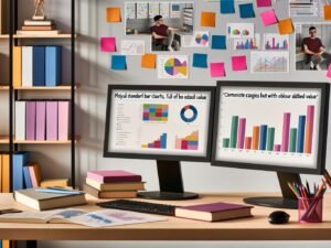 Junger, urbaner Data-Analyst an zwei Monitoren – links bunte Standarddiagramme, rechts technisches Dashboard in minimalistischem, modernen Büro mit Data-Science-Büchern und Post-its.