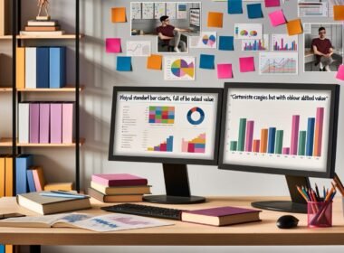 Junger, urbaner Data-Analyst an zwei Monitoren – links bunte Standarddiagramme, rechts technisches Dashboard in minimalistischem, modernen Büro mit Data-Science-Büchern und Post-its.