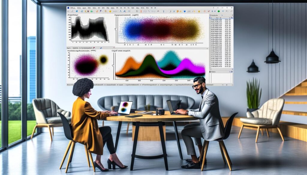 Modernes Büro mit zwei Kollegen, einer zeigt chaotische Excel-Auswertungen auf dem Laptop, der andere wirkt entnervt. Im Hintergrund stilvolle, automatisierte Python-Seaborn-Datenvisualisierungen.