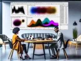 Modernes Büro mit zwei Kollegen, einer zeigt chaotische Excel-Auswertungen auf dem Laptop, der andere wirkt entnervt. Im Hintergrund stilvolle, automatisierte Python-Seaborn-Datenvisualisierungen.